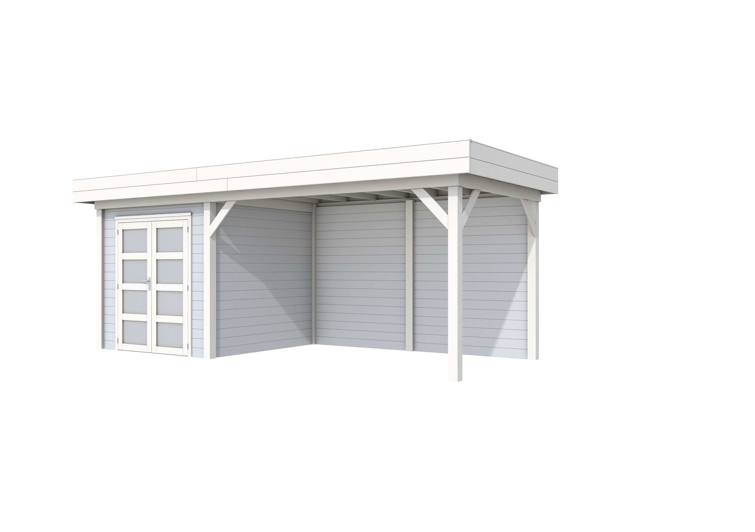 Vuren Topvision Kolibri, 250 x 250 en luifel 400 cm, wanden lichtgrijs en basis wit.