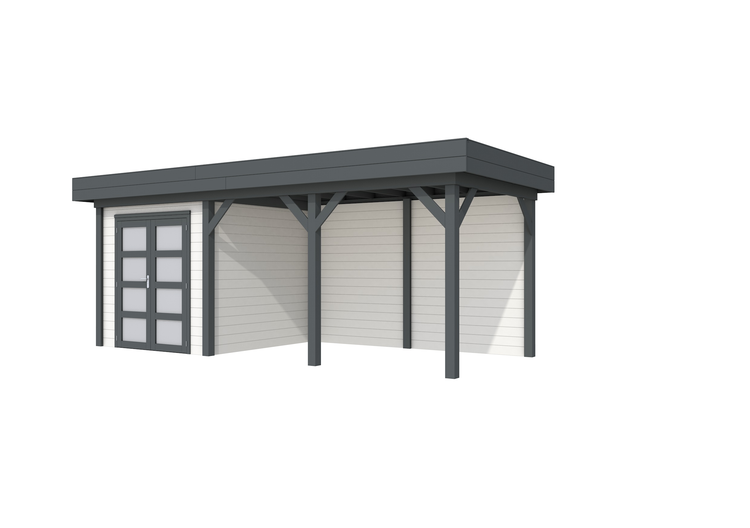 Vuren Topvision Kolibri, 250 x 250 en luifel 400 cm, wanden wit en basis antraciet.