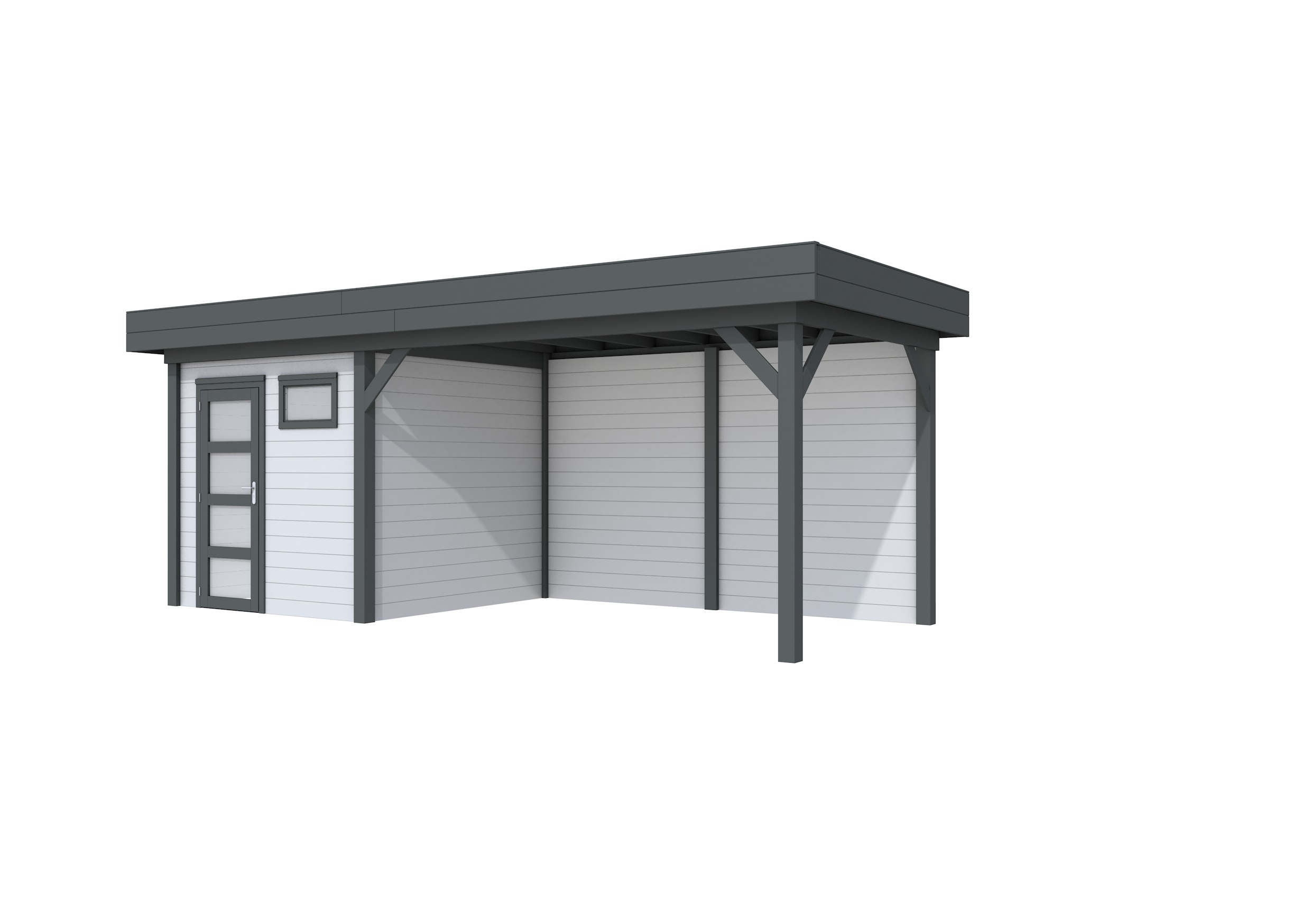 Vuren Topvision Kuifmees, 250 x 250 en luifel 400 cm, wanden lichtgrijs en basis antraciet.