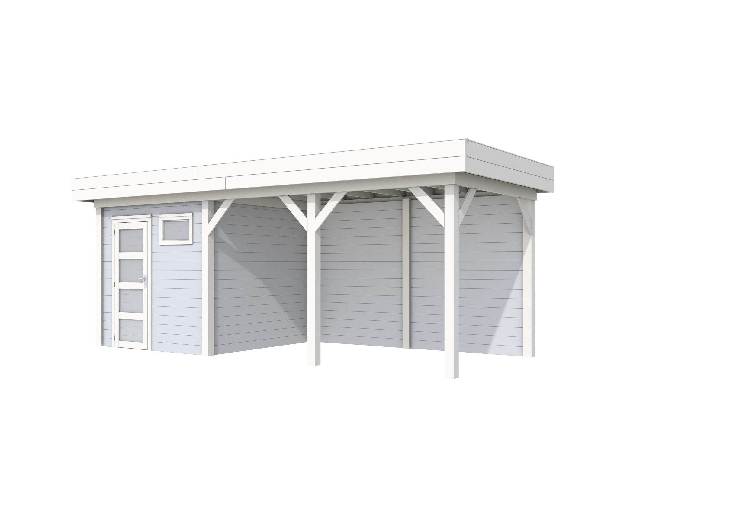 Vuren Topvision Kuifmees, 250 x 250 en luifel 400 cm, wanden lichtgrijs en basis wit.