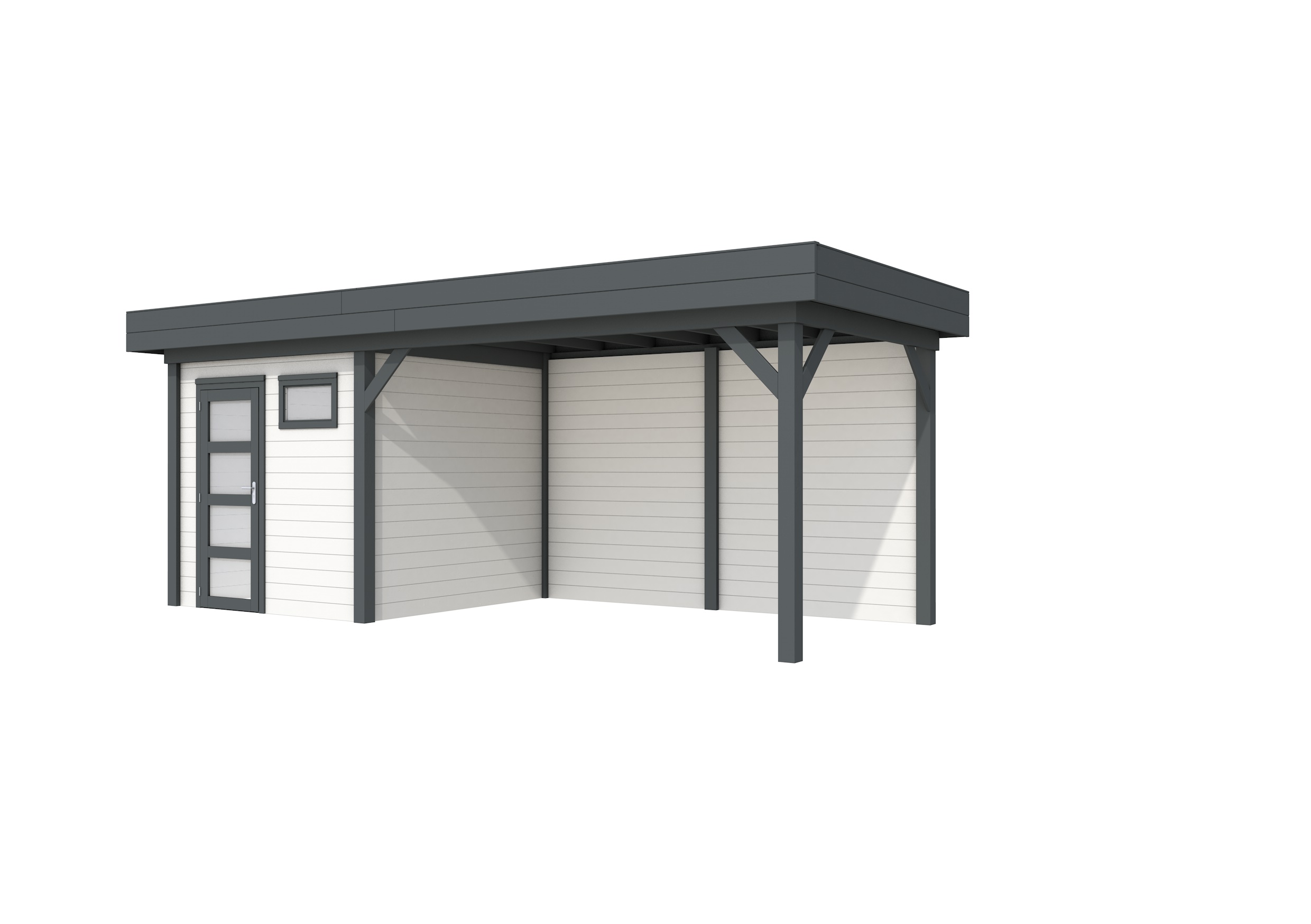 Vuren Topvision Kuifmees, 250 x 250 en luifel 400 cm, wanden wit en basis antraciet.