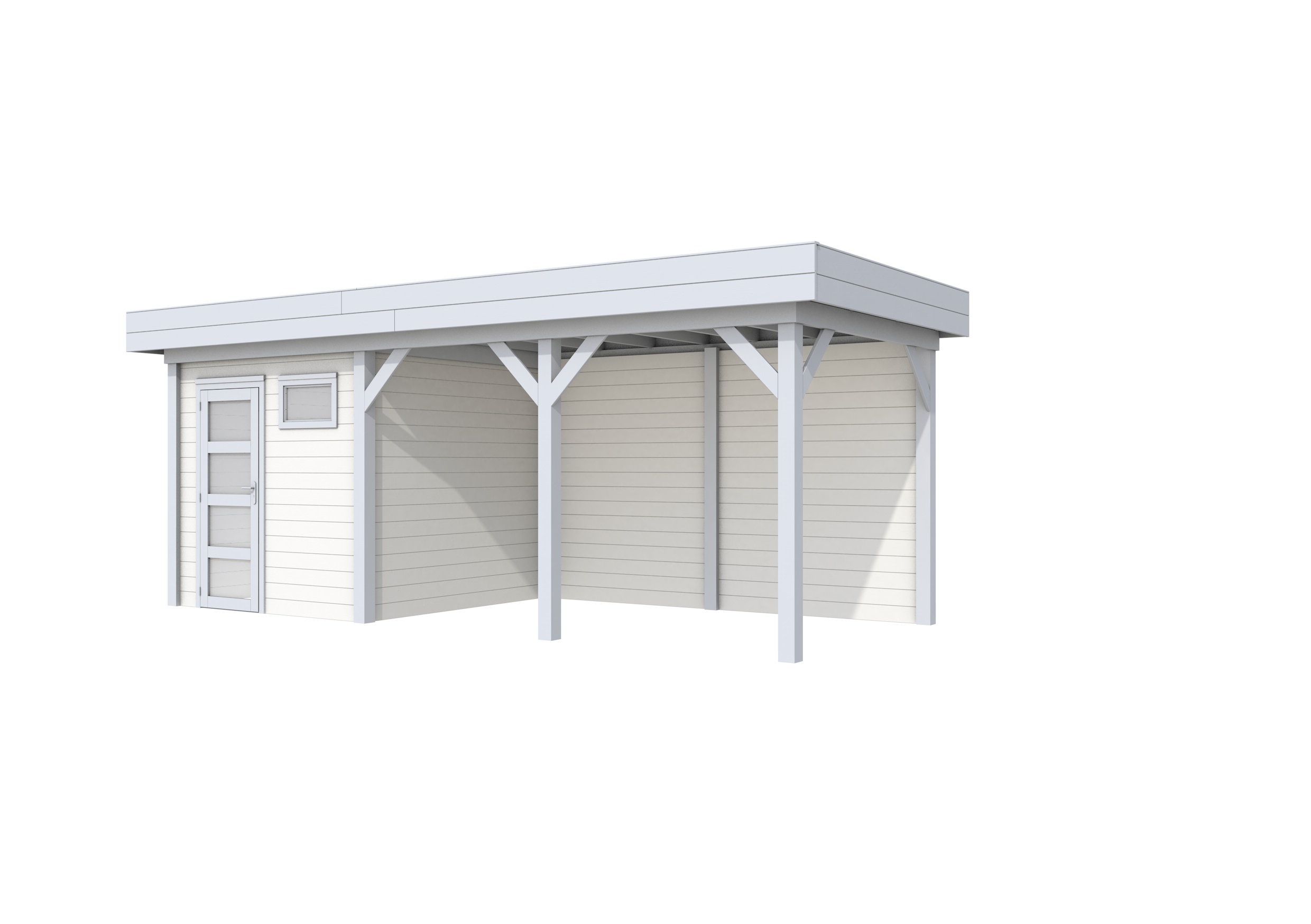 Vuren Topvision Kuifmees, 250 x 250 en luifel 400 cm, wanden wit en basis lichtgrijs.