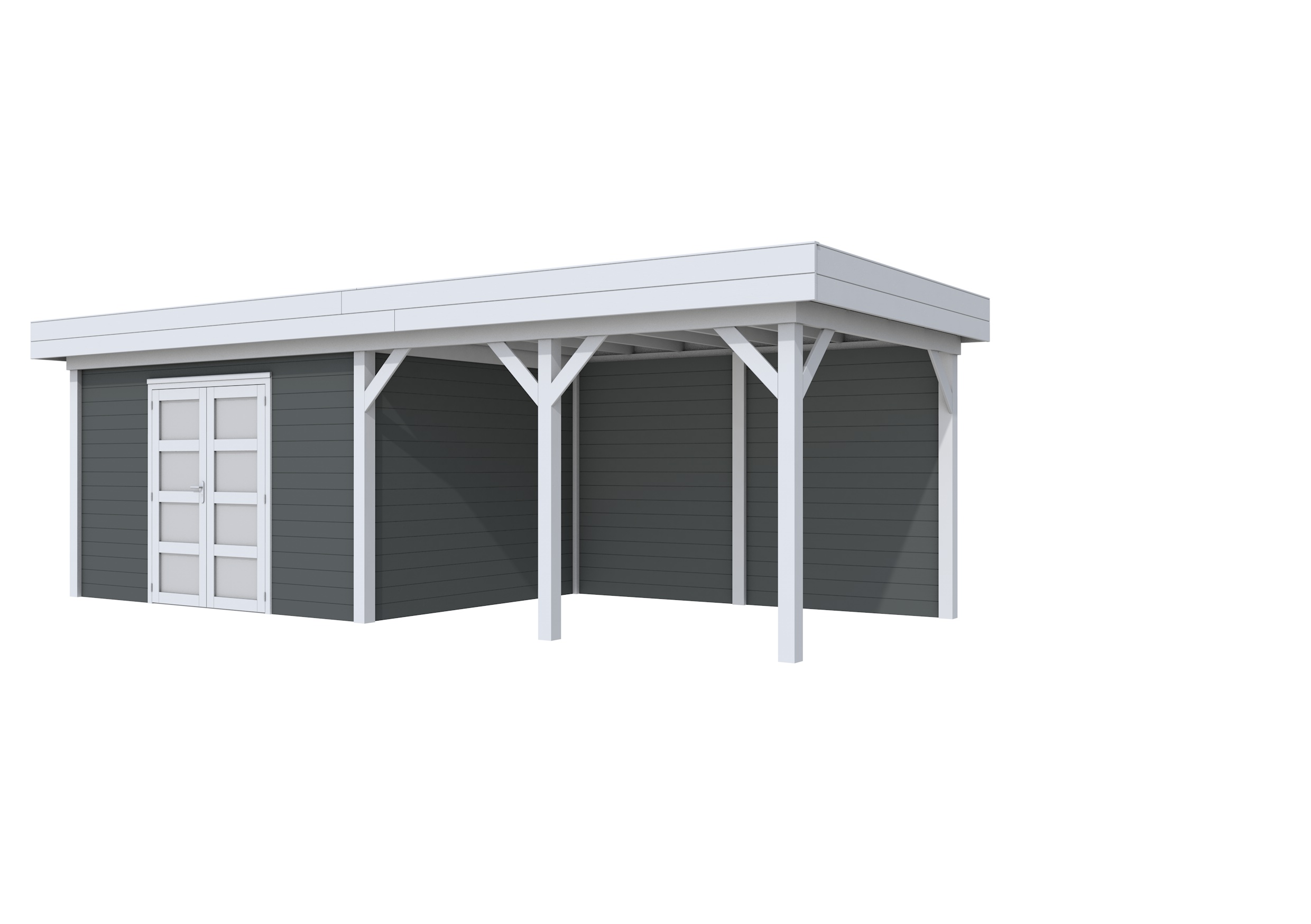 Vuren Topvision Parelhoen, 400 x 300 en luifel 400 cm, wanden antraciet en basis lichtgrijs.