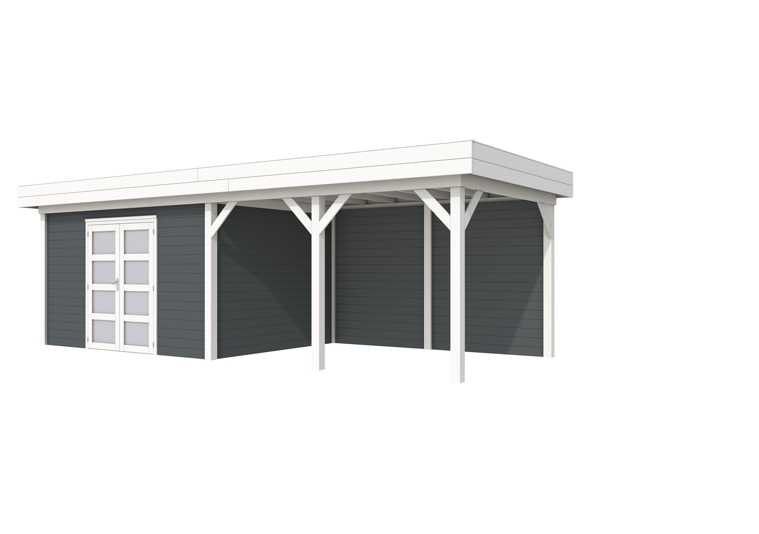 Vuren Topvision Parelhoen, 400 x 300 en luifel 400 cm, wanden antraciet en basis wit.