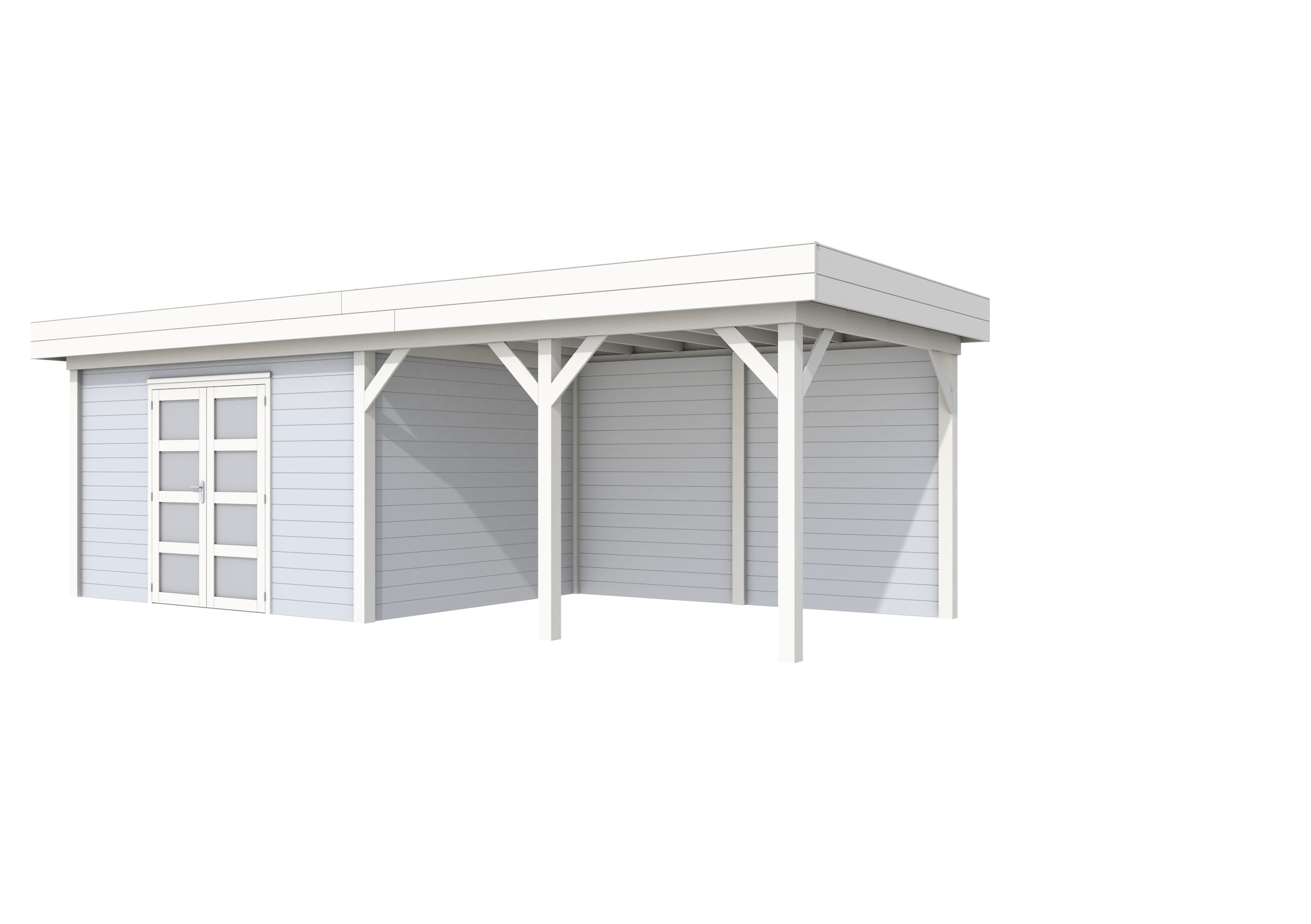 Vuren Topvision Parelhoen, 400 x 300 en luifel 400 cm, wanden lichtgrijs en basis wit.