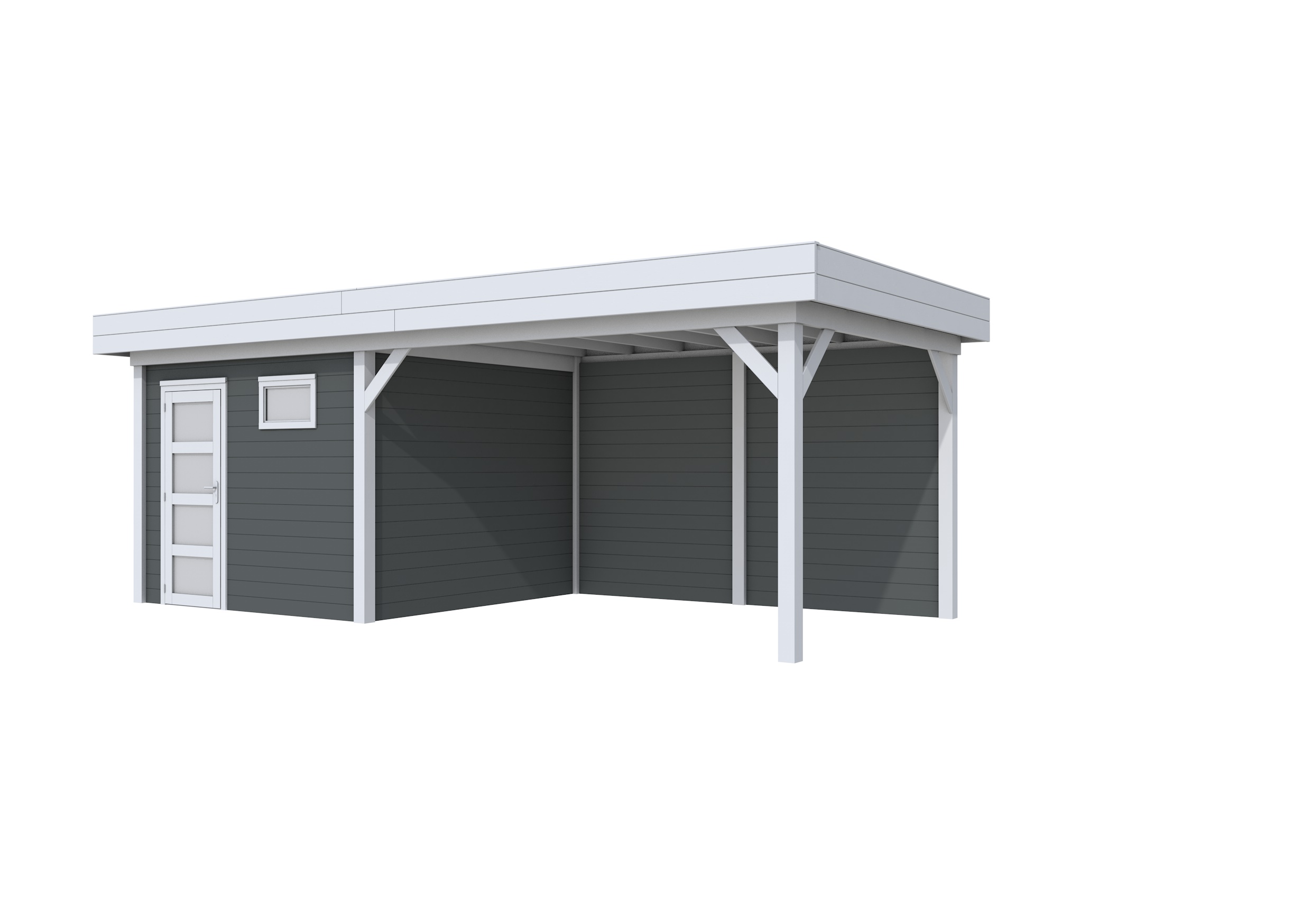 Vuren Topvision Tapuit, 300 x 300 en luifel 400 cm, wanden antraciet en basis lichtgrijs.