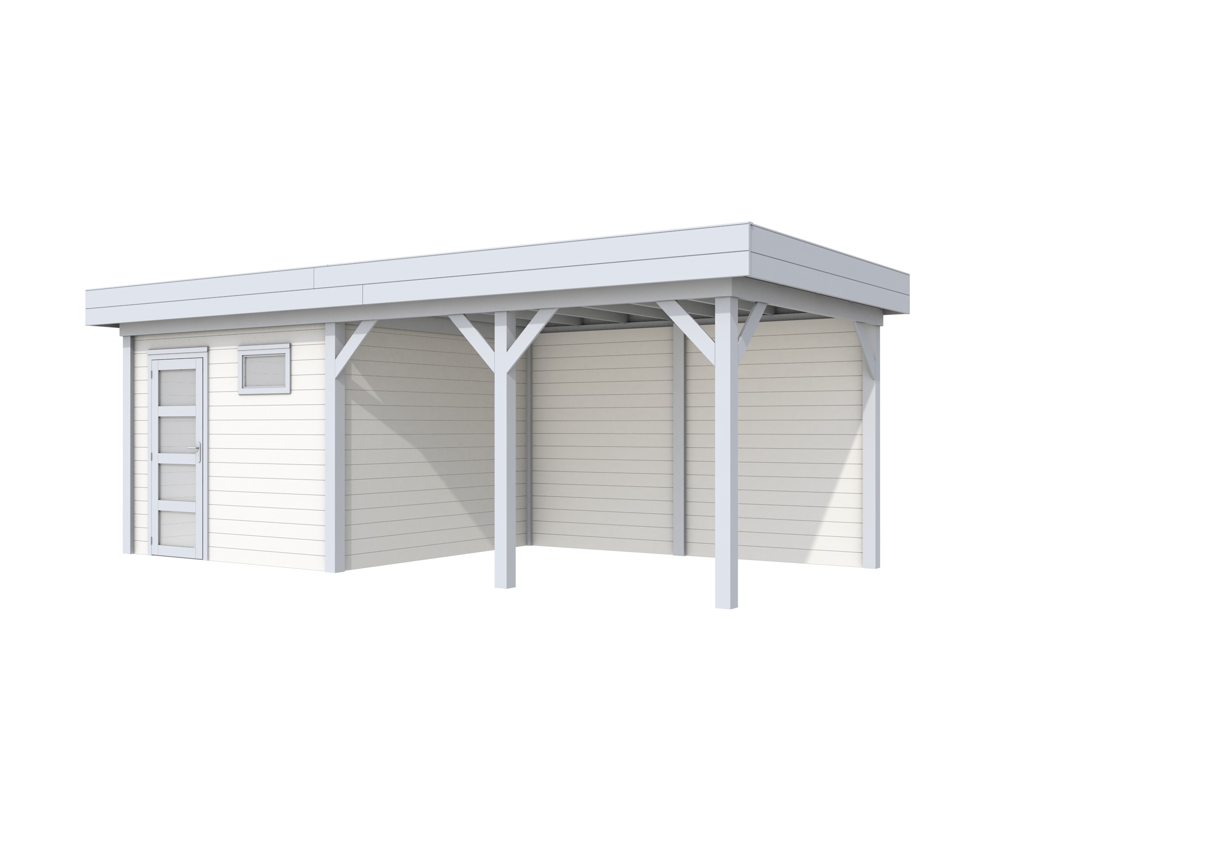 Vuren Topvision Tapuit, 300 x 300 en luifel 400 cm, wanden wit en basis lichtgrijs.