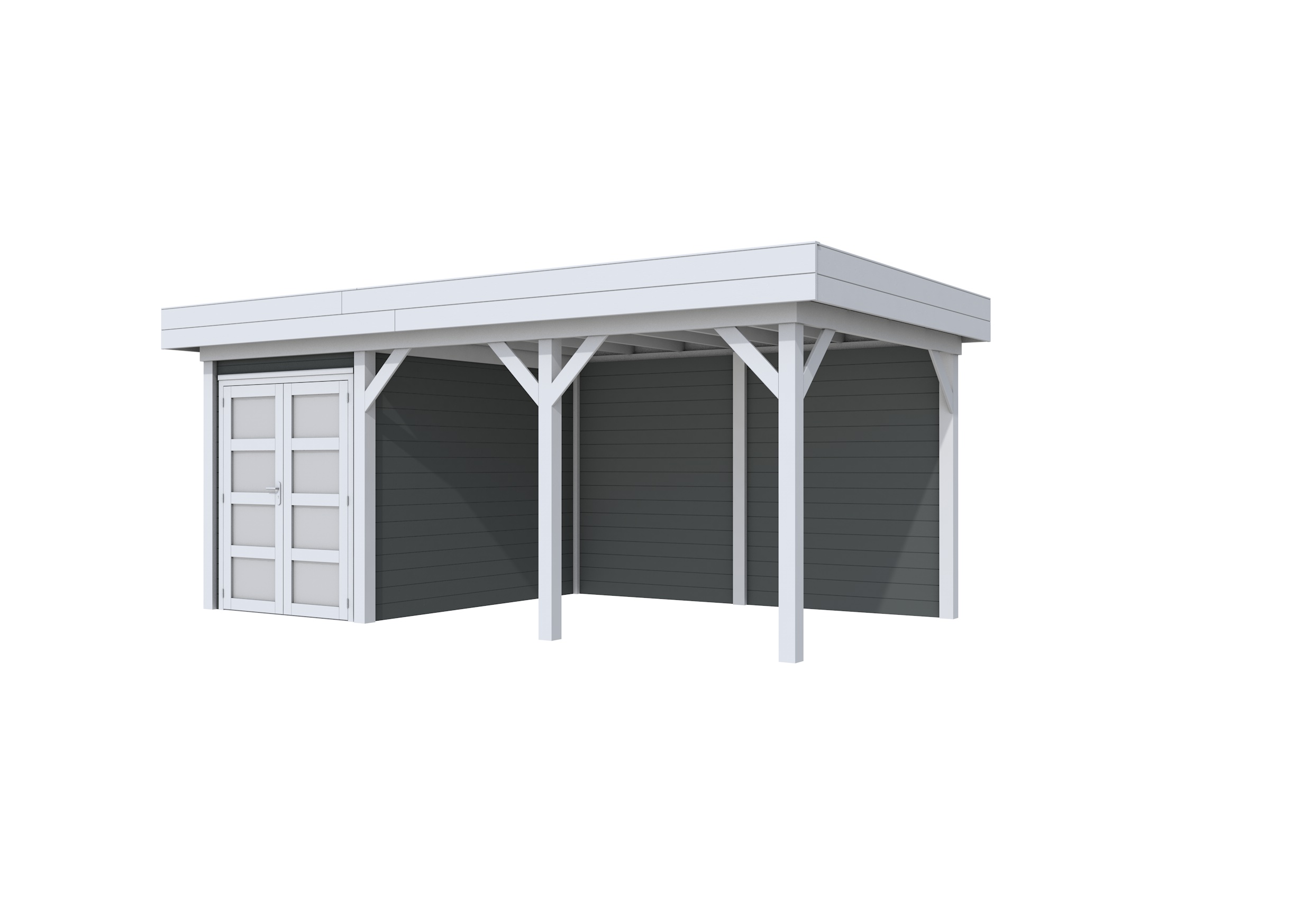 Vuren Topvision Zwaluw, 200 x 300 en luifel 400 cm, wanden antraciet en basis lichtgrijs.