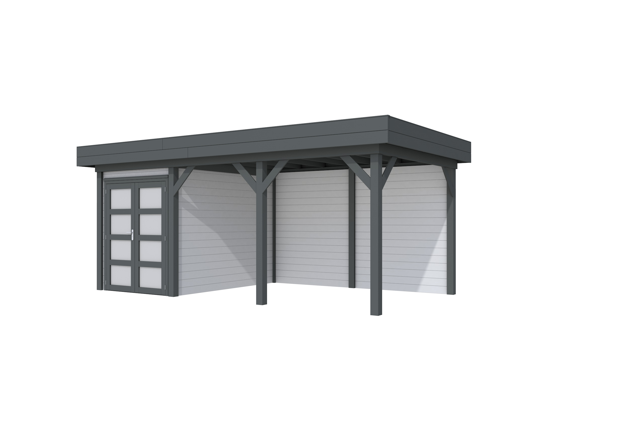 Vuren Topvision Zwaluw, 200 x 300 en luifel 400 cm, wanden lichtgrijs en basis antraciet.