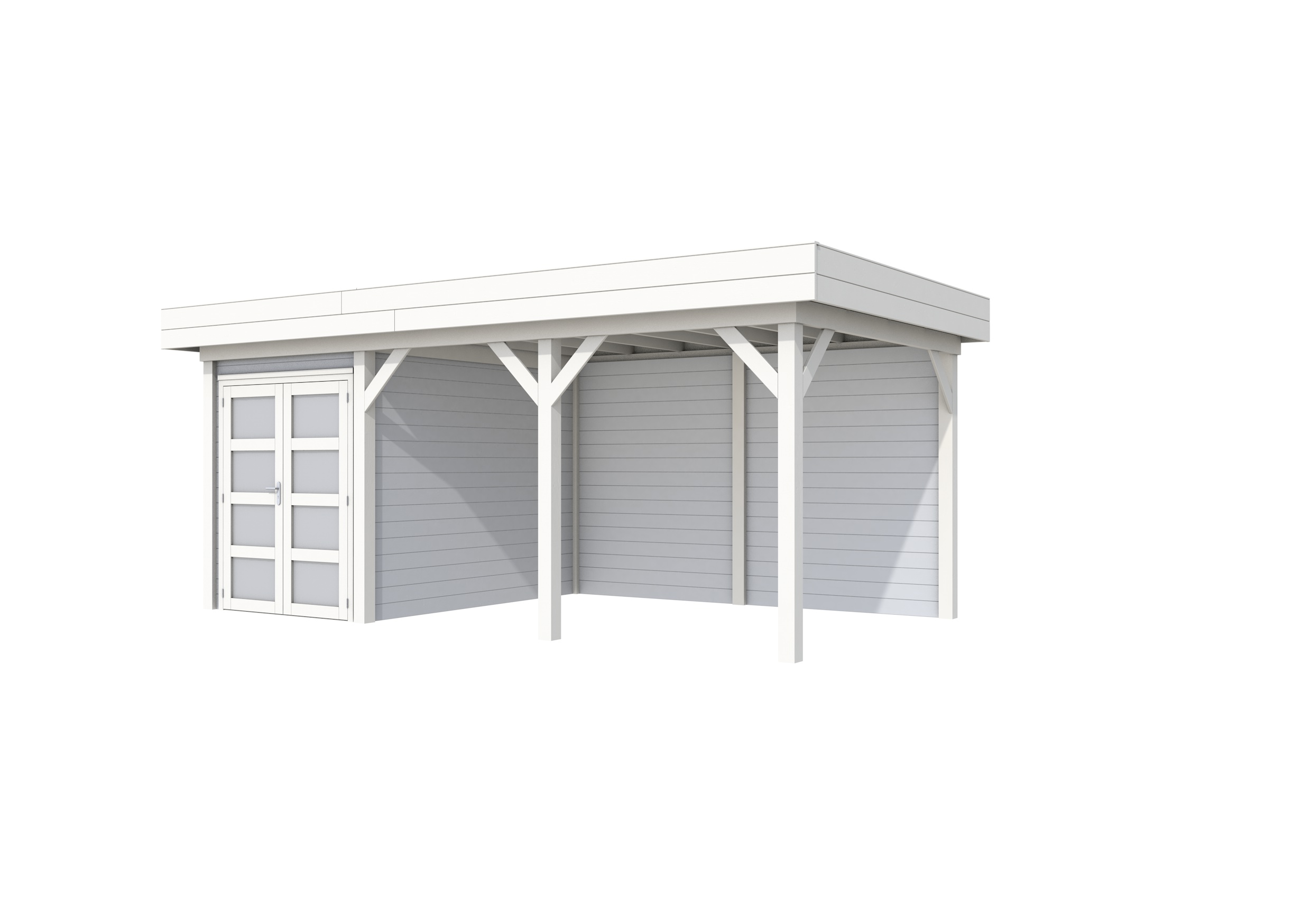 Vuren Topvision Zwaluw, 200 x 300 en luifel 400 cm, wanden lichtgrijs en basis wit.