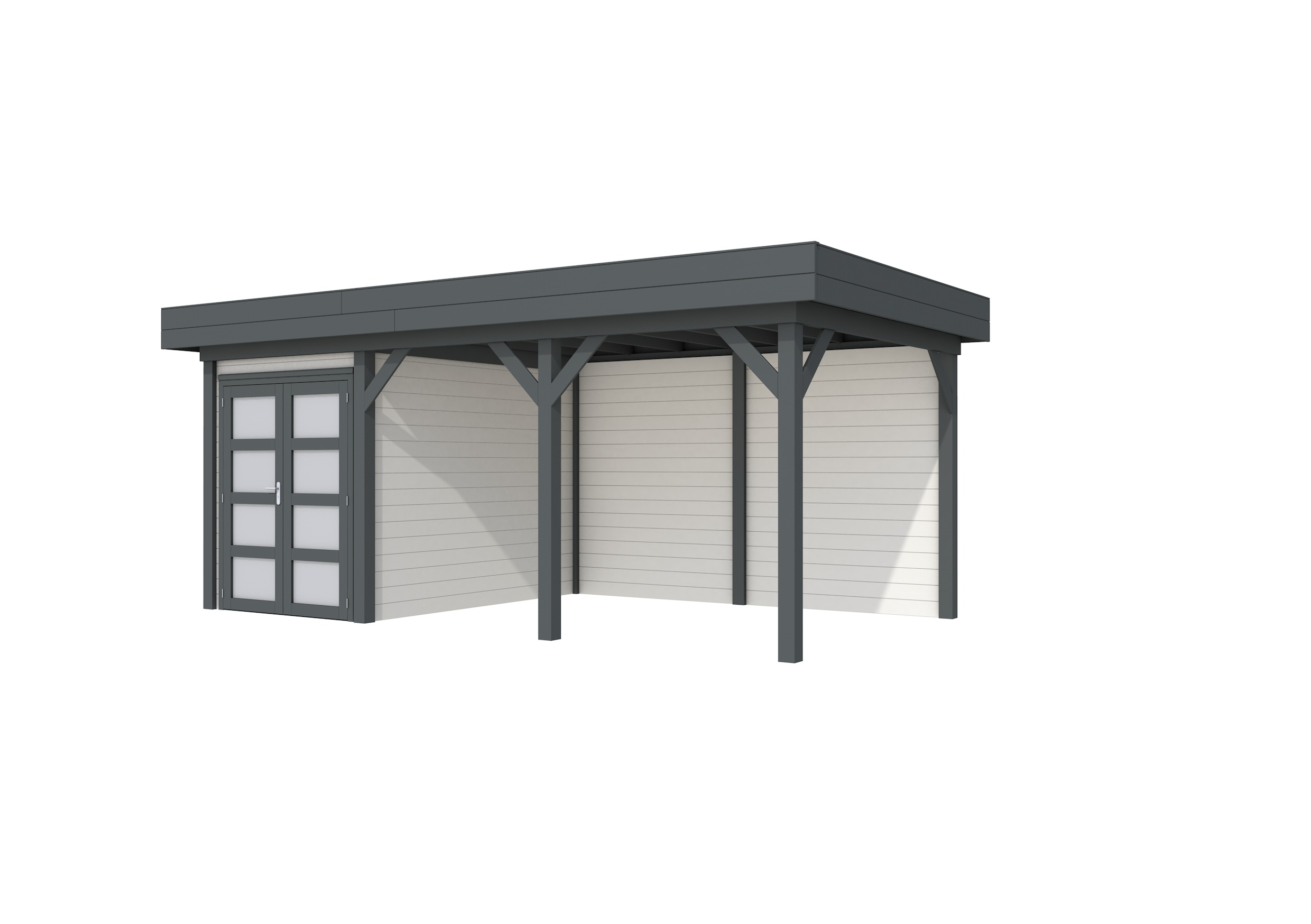 Vuren Topvision Zwaluw, 200 x 300 en luifel 400 cm, wanden wit en basis antraciet.