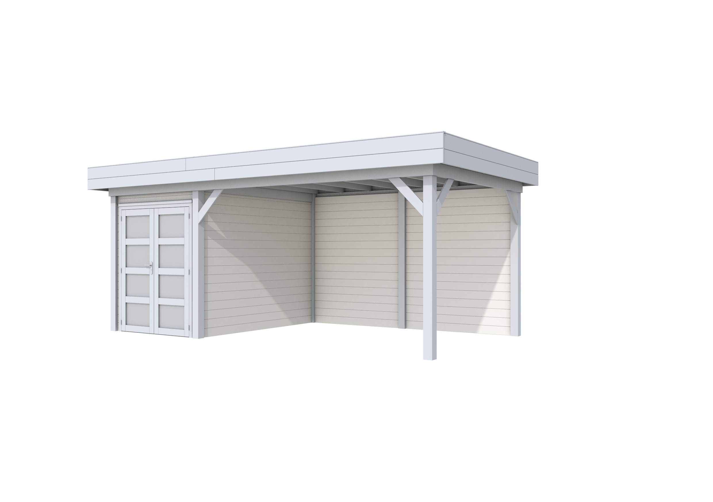 Vuren Topvision Zwaluw, 200 x 300 en luifel 400 cm, wanden wit en basis lichtgrijs.