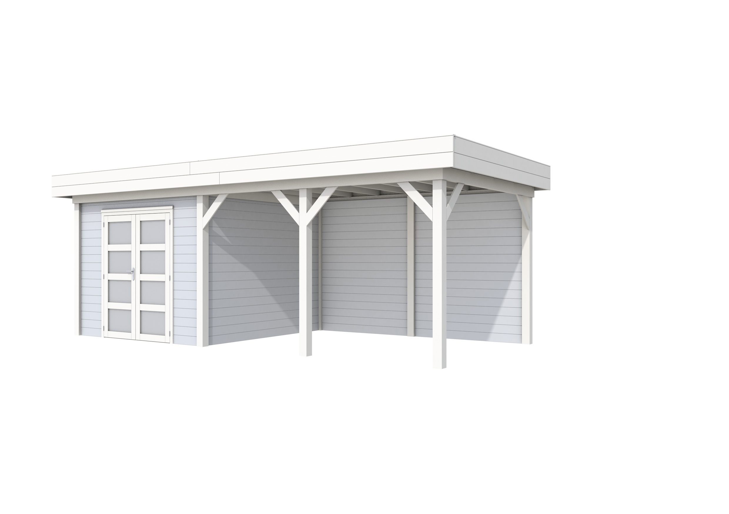 Vuren Topvision Bosuil, 300 x 300 en luifel 400 cm, wanden lichtgrijs en basis wit.