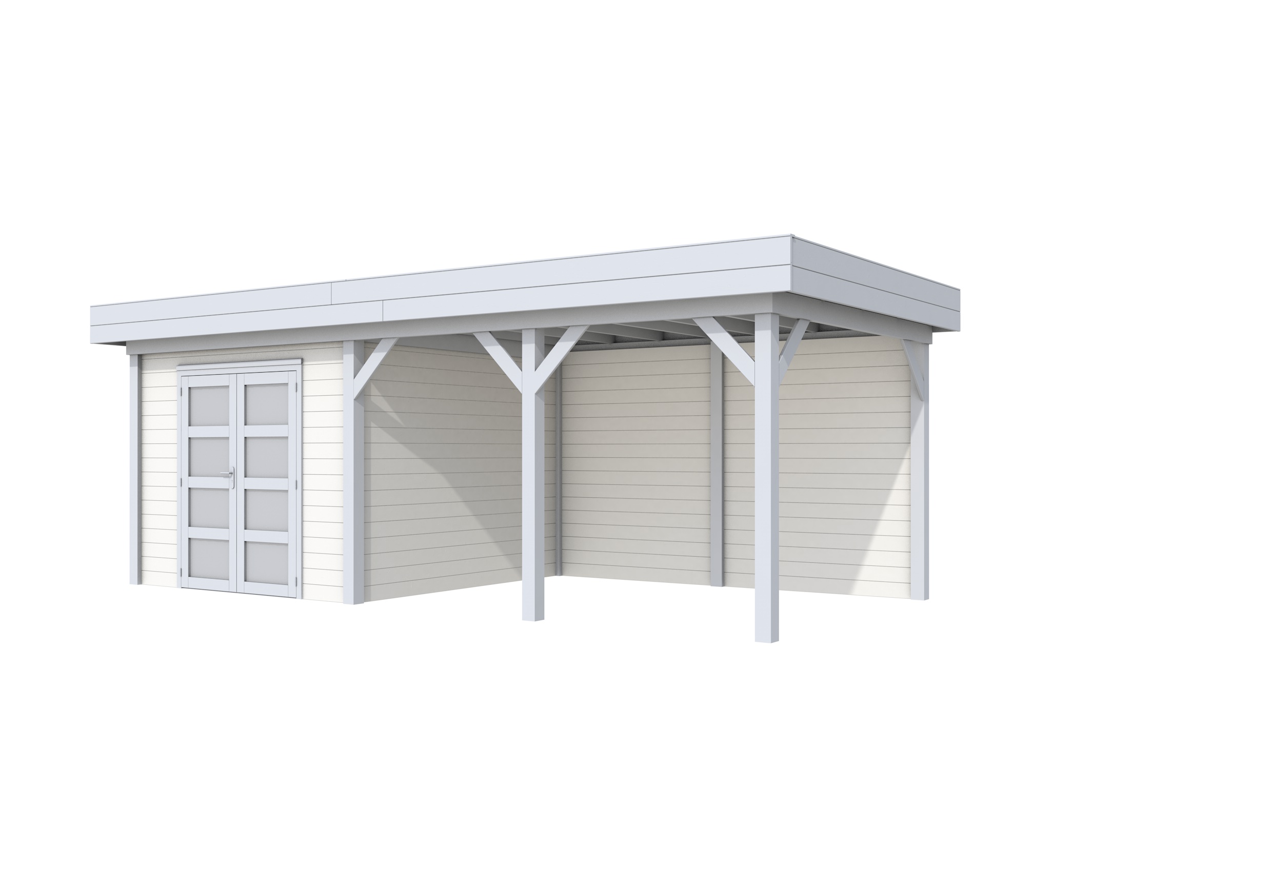 Vuren Topvision Bosuil, 300 x 300 en luifel 400 cm, wanden wit en basis lichtgrijs.