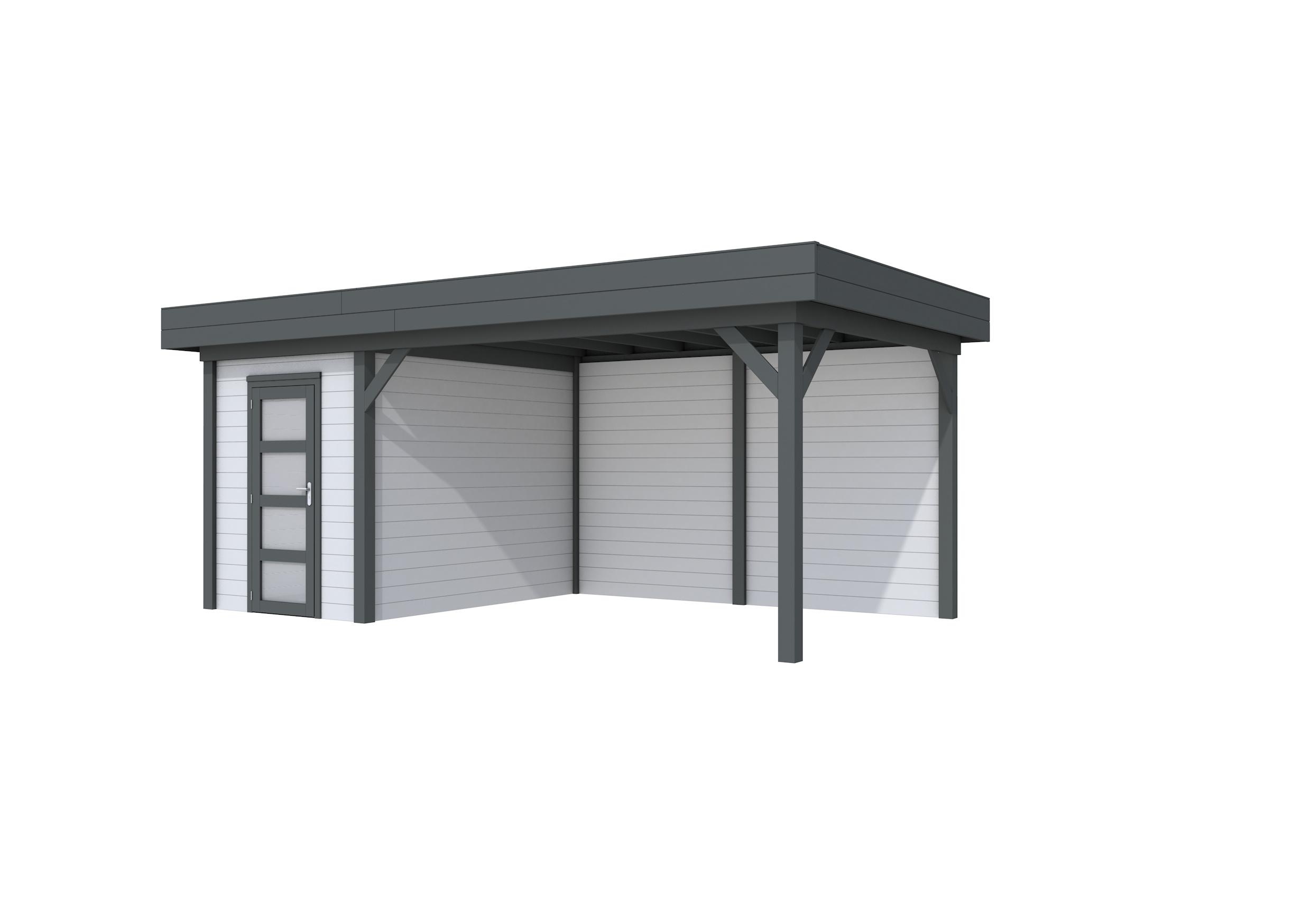 Vuren Topvision Kiekendief, 200 x 300 en luifel 400 cm, wanden lichtgrijs en basis antraciet.