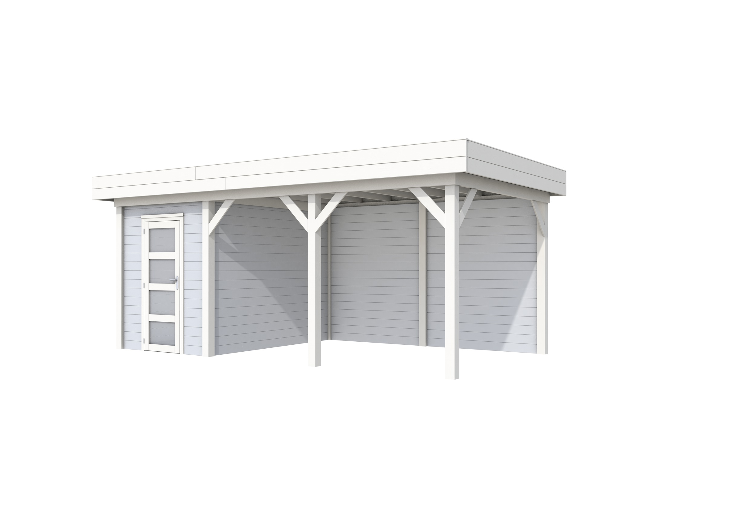 Vuren Topvision Kiekendief, 200 x 300 en luifel 400 cm, wanden lichtgrijs en basis wit.