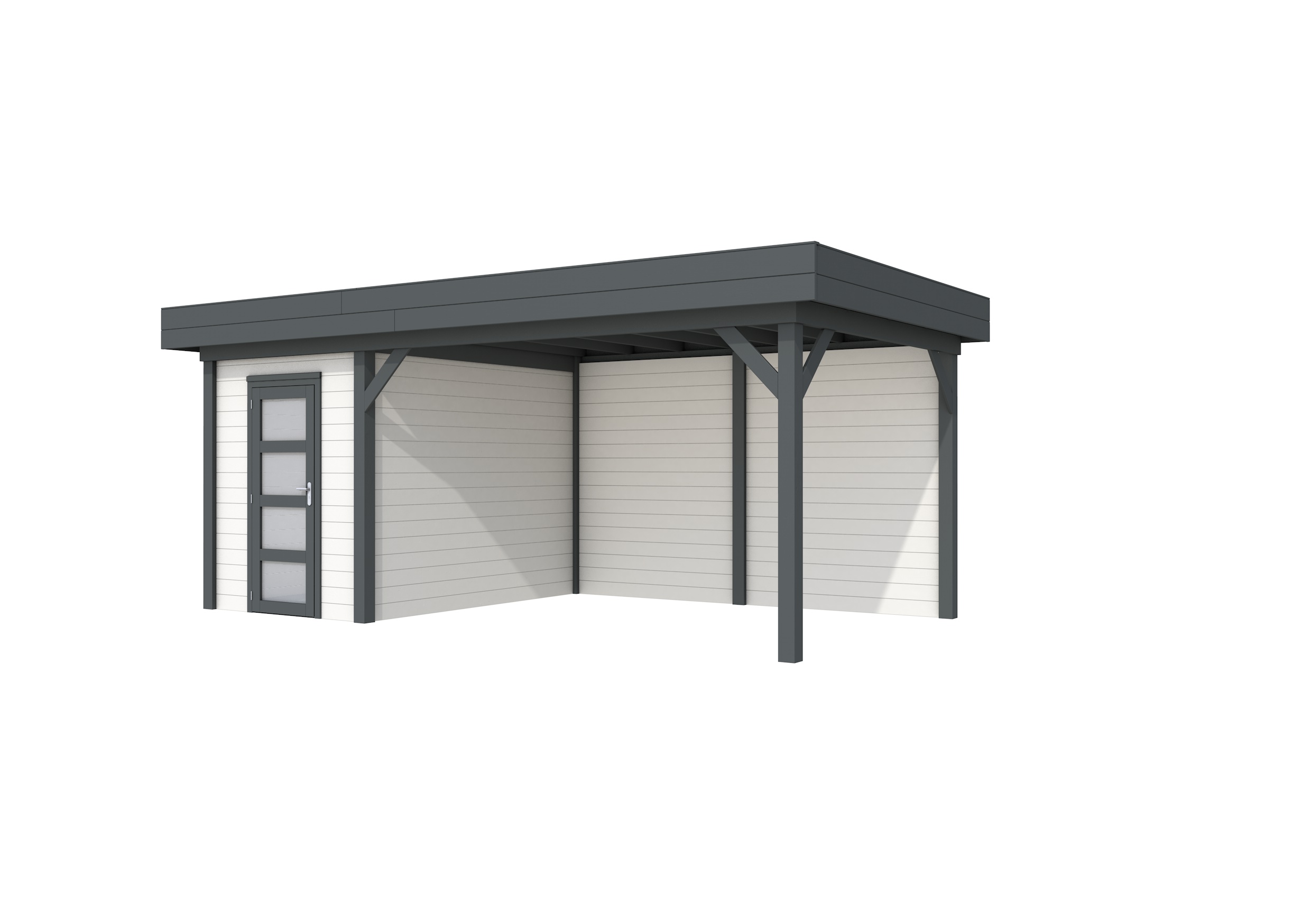 Vuren Topvision Kiekendief, 200 x 300 en luifel 400 cm, wanden wit en basis antraciet.