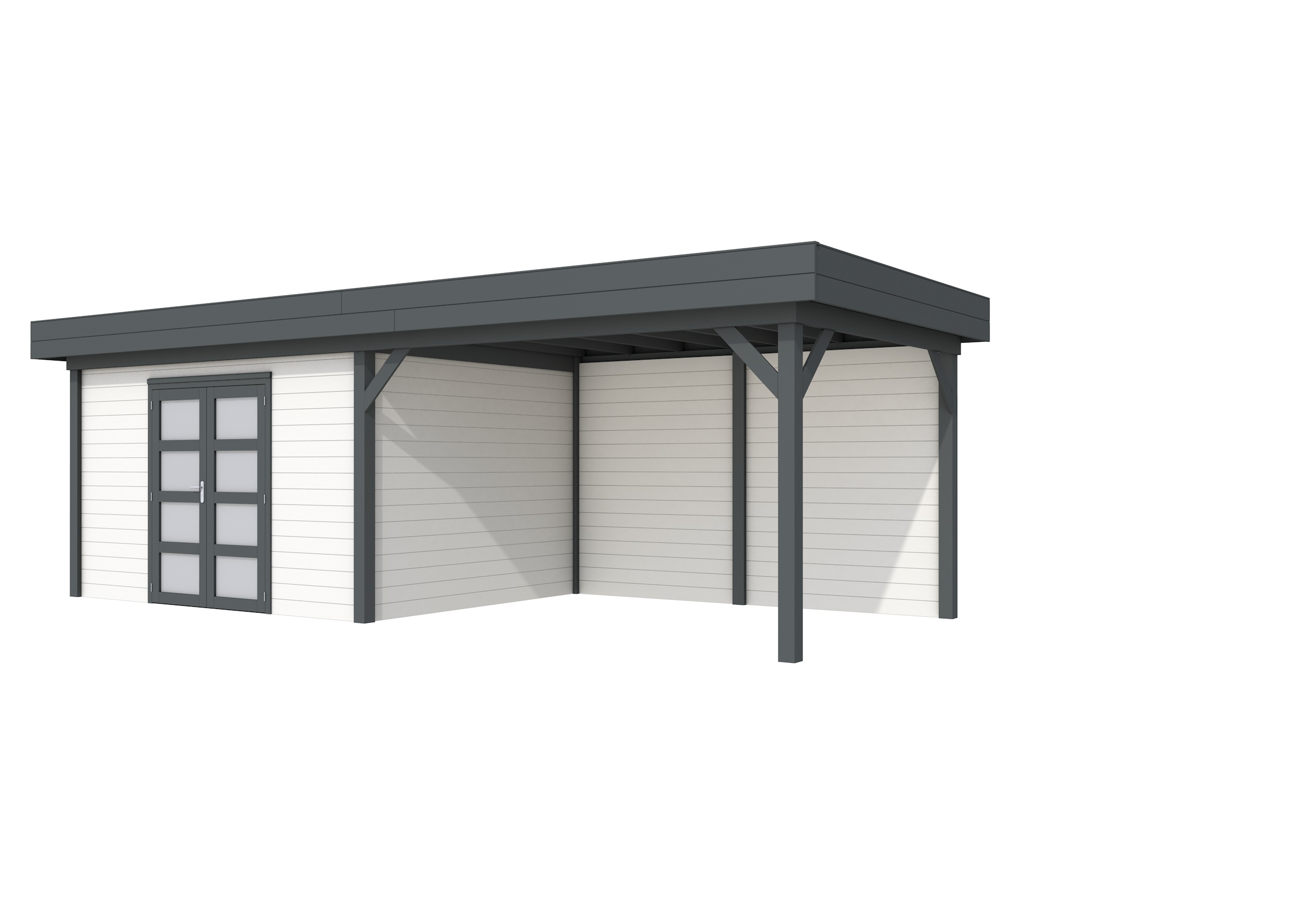 Vuren Topvision Parelhoen, 400 x 300 en luifel 400 cm, wanden wit en basis antraciet.