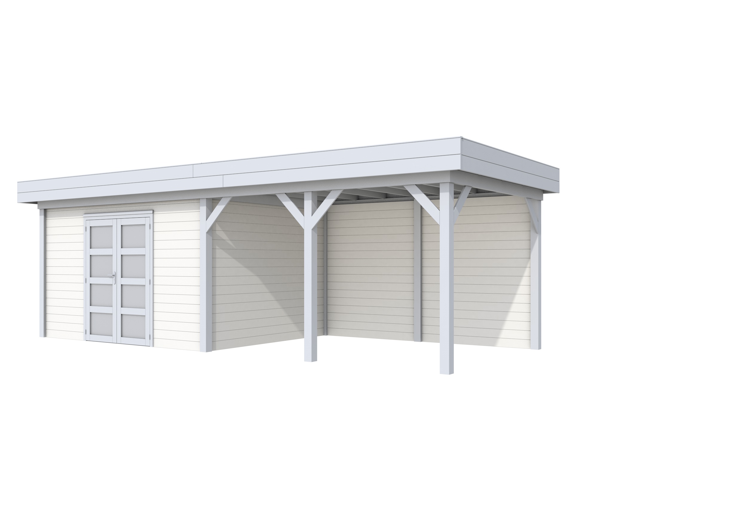 Vuren Topvision Parelhoen, 400 x 300 en luifel 400 cm, wanden wit en basis lichtgrijs.