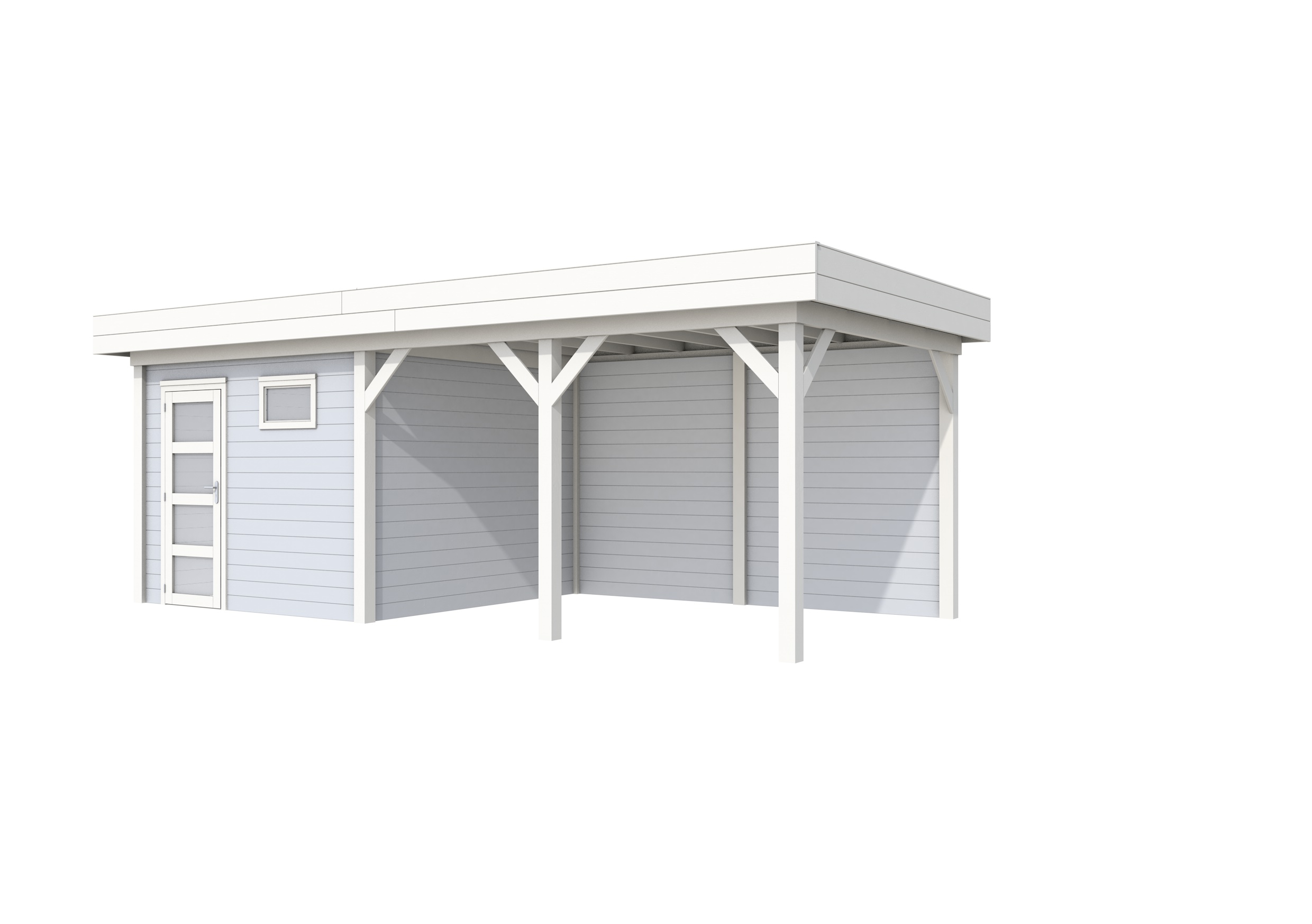 Vuren Topvision Tapuit, 300 x 300 en luifel 400 cm, wanden lichtgrijs en basis wit.